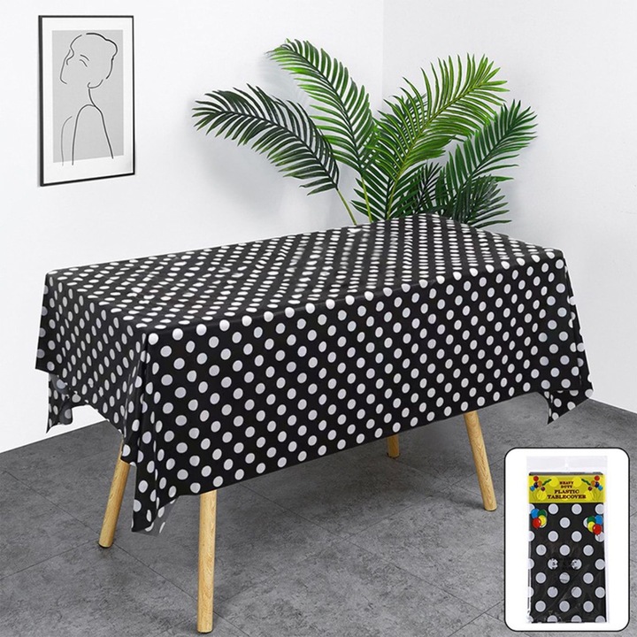 Műanyag terítő, téglalap alakú, fekete pöttyös, 137x274cm, eldobható