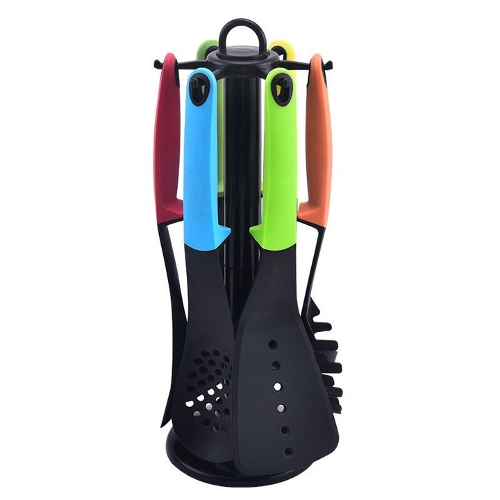Set ustensile bucatarie copii, suport rotativ, multicolor, 6 piese