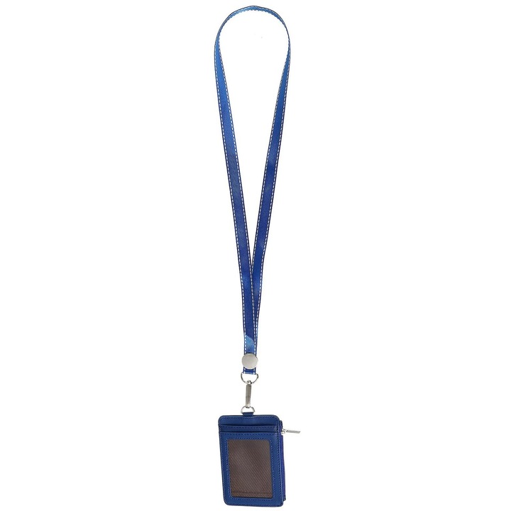 Suport vertical pentru ecuson, piele PU, albastru inchis, 11.3x7.4x0.5cm, cu lantisor detasabil si clips rotativ