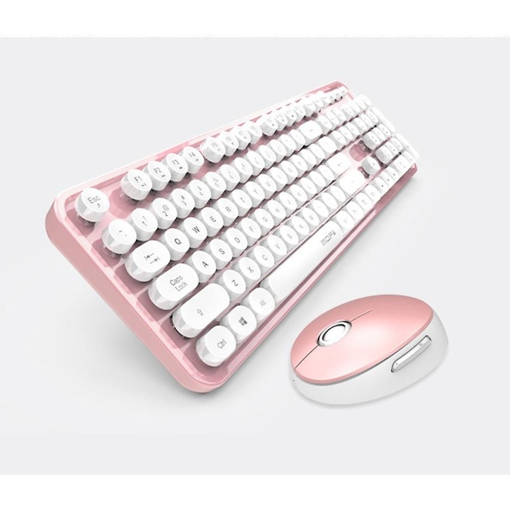 Tastatura si mouse wireless Bluetooth compact, design ergonomic, roz alb, 104 taste
