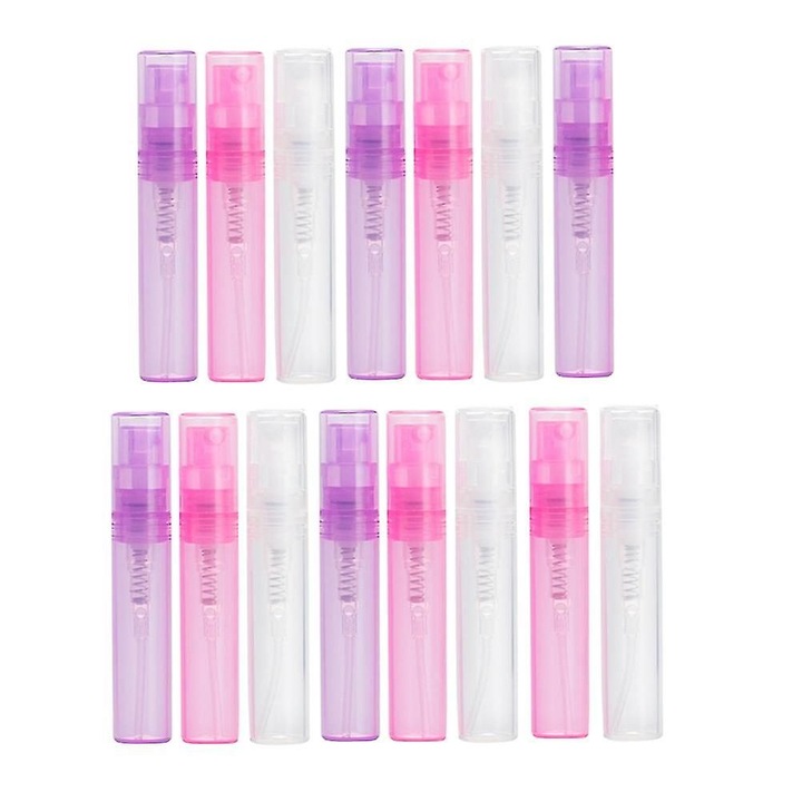 Set 15 sticle parfum spray mini, plastic, transparent roz mov, 5.6x1.2x1.2cm