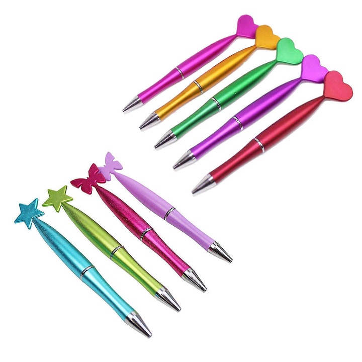 Set 10 pixuri cu bila, design fluture, inima si stea, plastic, 16cm
