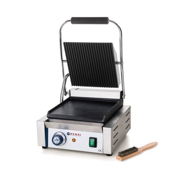 Contact grill profesional, Hendi, 2200W, corp inox, termostat 300 gr C, placi fonta cu invelis ceramic, partea superioara striata / cea inferioara neteda, suprafata grill 34 x 23 cm, 43x37x(H)21 cm Contact grill profesional, Hendi, 2200W, corp inox, termostat 300 gr C, placi fonta cu invelis ceramic, partea superioara striata / cea inferioara neteda, suprafata grill 34 x 23 cm, 43x37x(H)21 cm