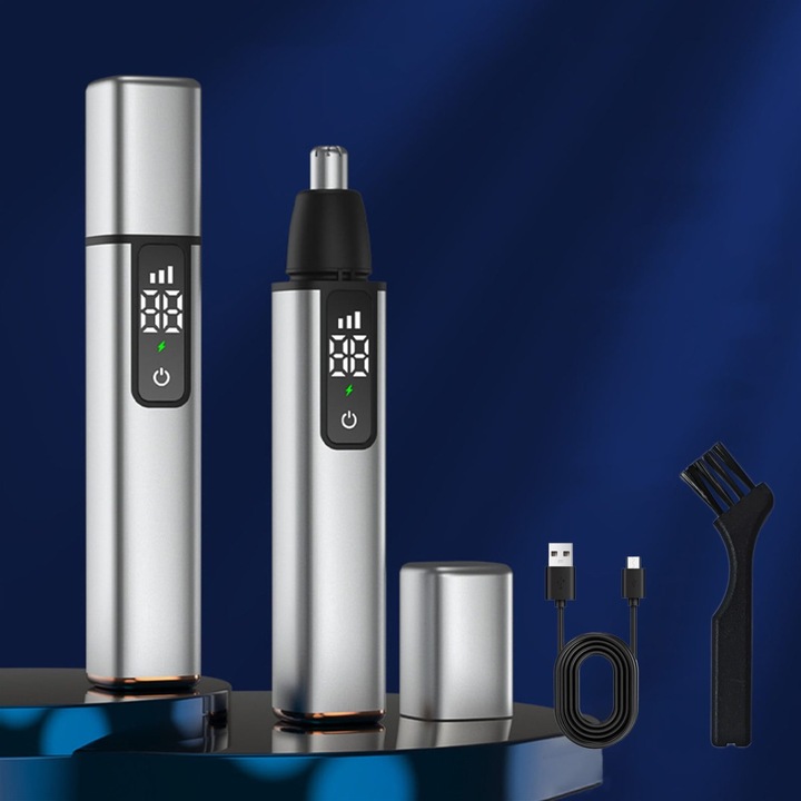 Trimmer pentru fire de nas K0460-emagCJ-10946, incarcare USB, afisaj digital, lavabil, cap protejat, argintiu, 1 buc, 13.2 x 2.5 x 2.5 cm