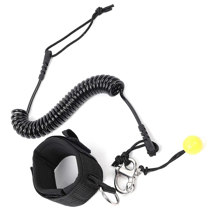 Leash de siguranta elastic pentru SUP/placa de surf, spiralat, lungime reglabila 70–300 cm, curea pentru glezna cu velcro si clema metalica, negru/galben