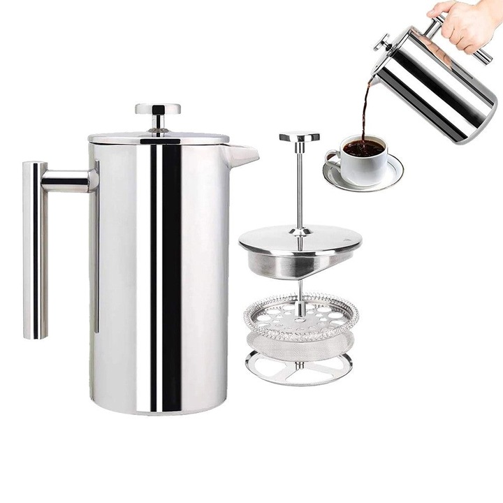 Cafetiera French Press din otel inoxidabil 350ml izolatie dubla argintiu 14x16.5cm