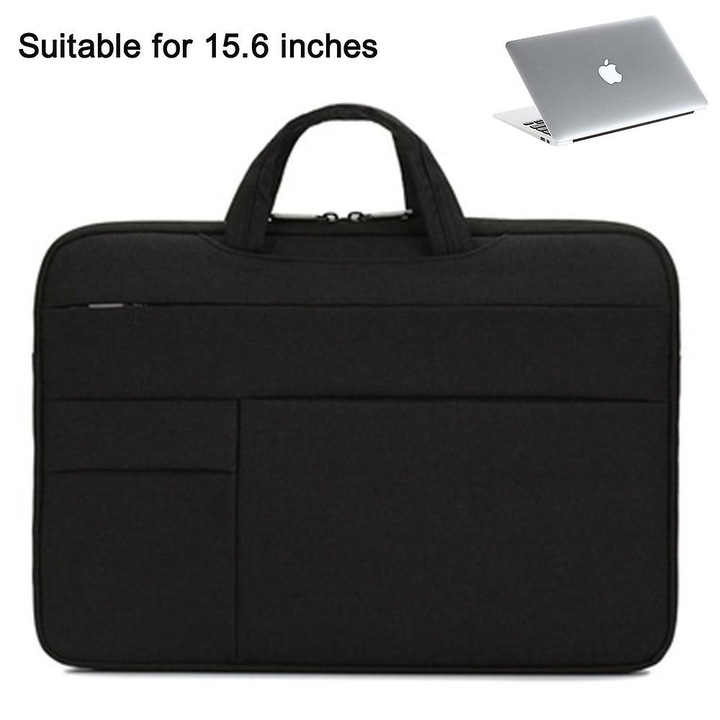 Geanta laptop din polyester captusita cu maner si curea detasabila, negru, pentru 15,6 inch