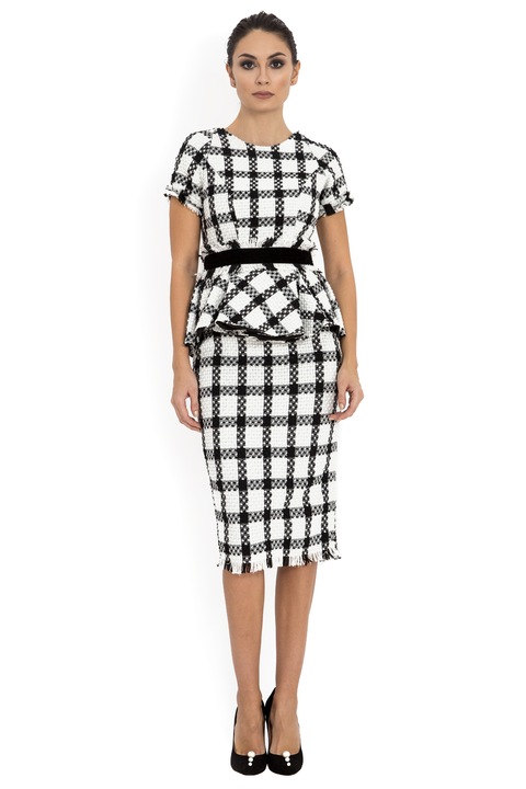 BADEN 11, Rochie cambrata de lana cu model in carouri, Alb/Negru, S