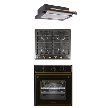 Pachet incorporabil cuptor electric , plita gaz si hota telescopica Studio Casa Toscana Retro Black Rustic, Clasa A, Gratare fonta, Negru Pachet incorporabil cuptor electric , plita gaz si hota telescopica Studio Casa Toscana Retro Black Rustic, Clasa A, Gratare fonta, Negru