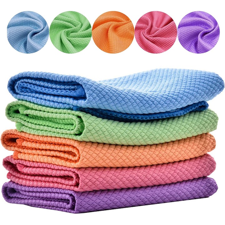 Set 5 Lavete magice din Microfibra, 30 x 40 cm, absorbtie ridicata si uscare rapida, curatare fara urme si scame, material moale si reutilizabil, carpa pentru curatarea perfecta a oricarei suprafete, OUYLAF, multicolor