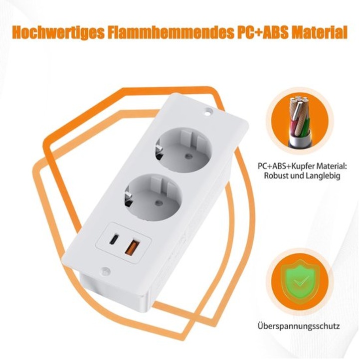 Priza incorporabila, 2 USB-A, 1 USB-C, 2 prize, alb, 166x57x38mm