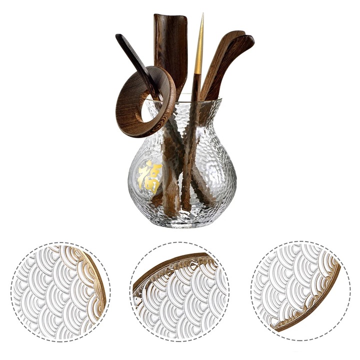 Set accesorii ceremonie ceai YANYXR lemn si sticla 10x8.8x8.8cm