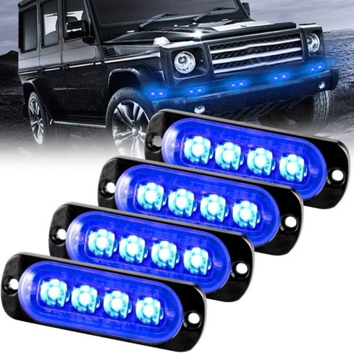 Set 4 lumini stroboscop LED rosu, 12-24V, rezistent apa, aluminiu, universal auto