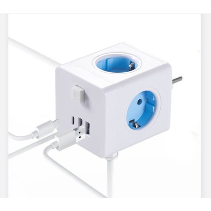 Разклонител 4 контакта 2 USB 1 Type-C черен 100-240V 16A 2500W