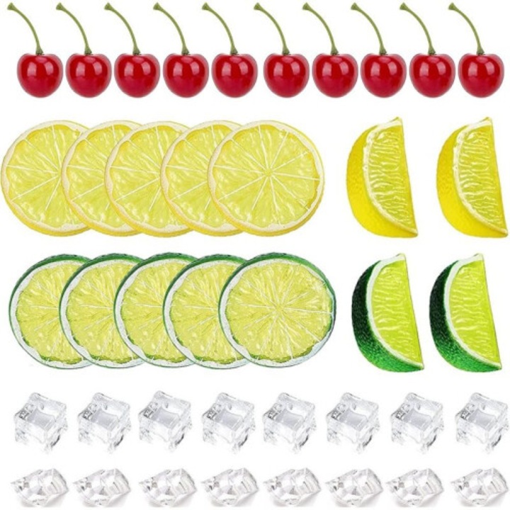 Set decorativ bucatarie, felii lamaie cirese cuburi gheata, 64 piese, multicolor