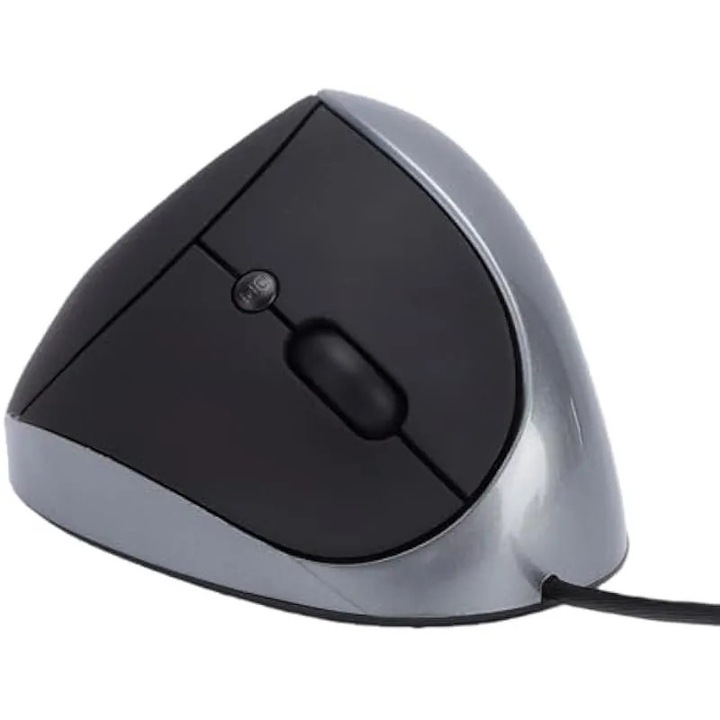 Вертикална жична мишка K0582-CJ-260911-1397, ергономична 60° с 6 бутона, оптичен сензор 800/1200/1600 DPI, USB, ABS корпус, кабел 1,34 м, черно/сребристо