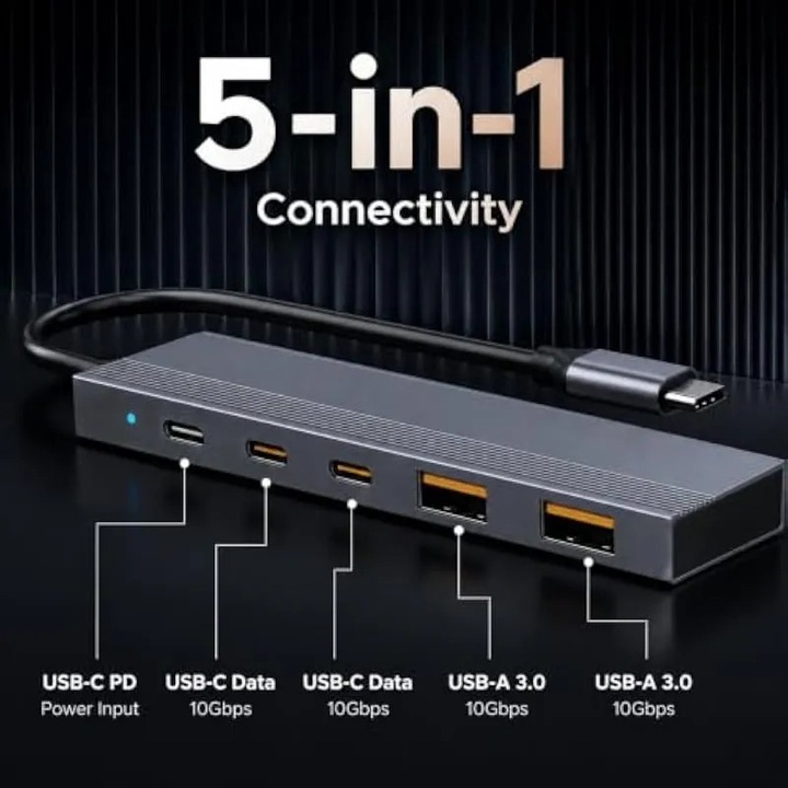 Hub USB-C 6 in 1, 2 USB-A 10Gbps, 2 USB-C 10Gbps, incarcare 100W, gri, 17.5cm