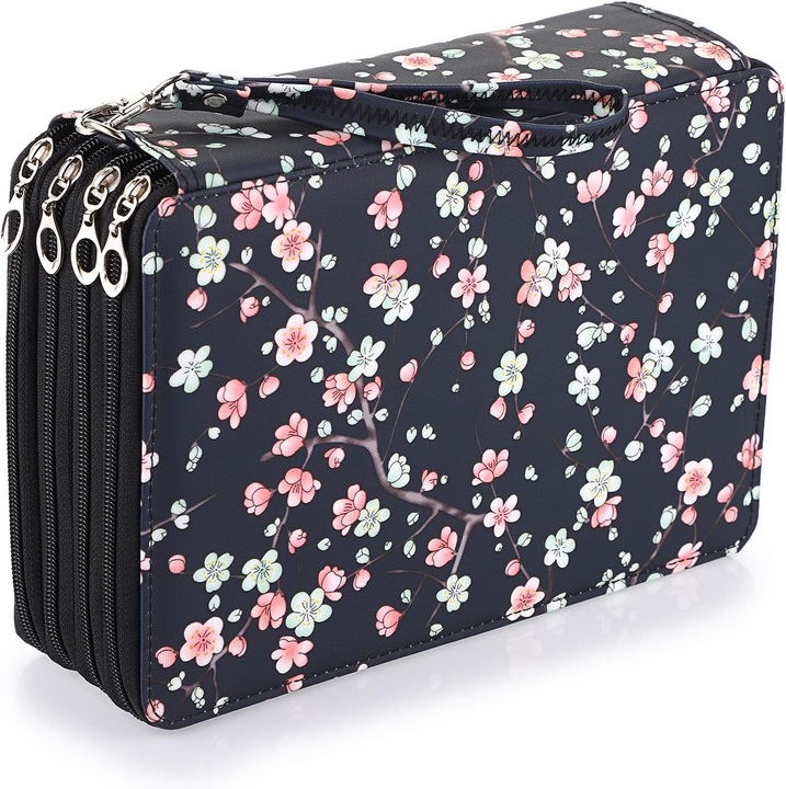 Etui pentru 200 creioane, husa cu 4 compartimente si fermoare, imprimeu floral pe fond bleumarin, 28 x 20 x 8 cm