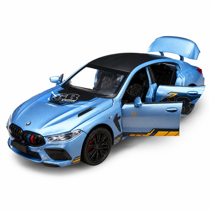 Fém BMW M8 Gran Coupe modellautó, 1:32 méretarány, nyitható ajtók és csomagtartó, fény- és hangeffektek, visszahúzós (pull-back) funkció, Kék