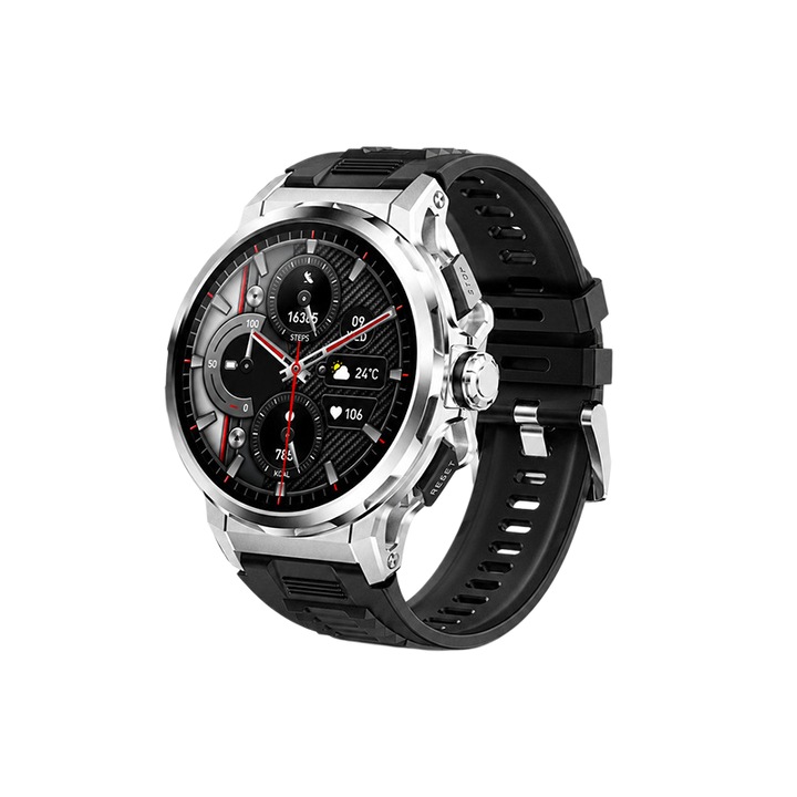 Ceas inteligent, 650 mA, IP68, pentru afaceri, apeluri prin Bluetooth, incarcare rapida prin magnet, ORBER, monitorizare a ritmului cardiac si a tensiunii arteriale, RM83, 19, 5 × 14 × 3, 5 cm, Argintiu/Maro