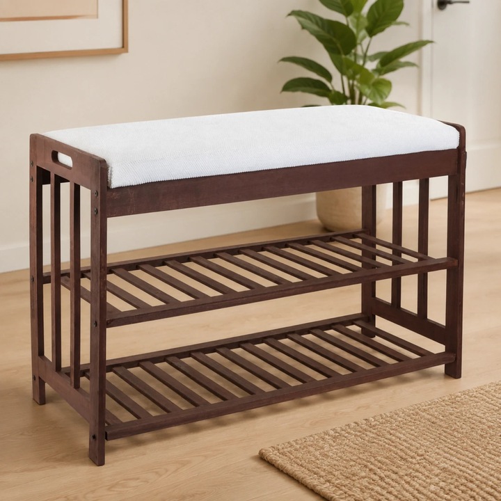 Pantofar HASEPE® Dulap Pantofi Cu Bancheta Din Lemn, Organizator Pantofi Cu 3 Nivele Mari, Dulap Pantofi Pentru Hol, Pantofar Fara Gauri 69x44x27cm, Raft Pantofi Rezistent, Dulap Pantofi Modern, Pantofar Cu Design Elegant Alb Si Lemn