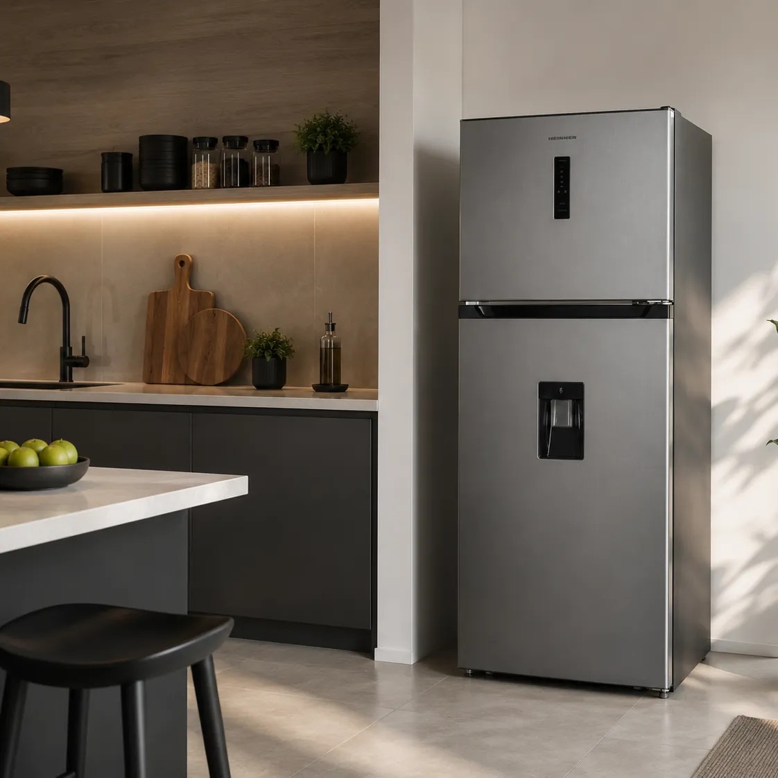 Frigider cu 2 usi si dozator de apa integrat Schneider, Smart Fast Freeze, No Frost, capacitate 413 litri, Power Cool, umiditate reglabila, capacitate frigider 319 litri, capacitate congelator 94 litri, congelare 4 stele, 4.4 kg/24h, inox