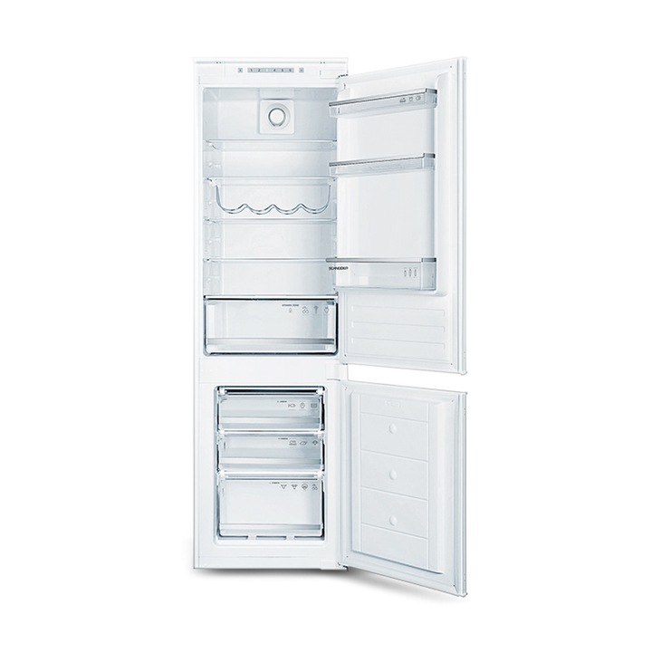 Frigider incorporabil Schneider, No Frost, sistem de racire dinamic, 250 litri, H177 cm, frigider 190 litri, dezghetare automata, compartiment fructe/legume, raft metalic sticle, congelator 60 litri, capacitate congelare 2.5 kg/24h, congelare 4 stele, alb