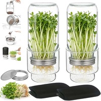 Germinator tip borcan din sticla, Kit de germinare, cu 2 borcane de sticla, 500ml, capace din 304 inox, tavi de scurgere si maneci opace pentru cultivarea germenilor organici acasa, durabil, perfect pentru broccoli, lucerna si microverdeturi