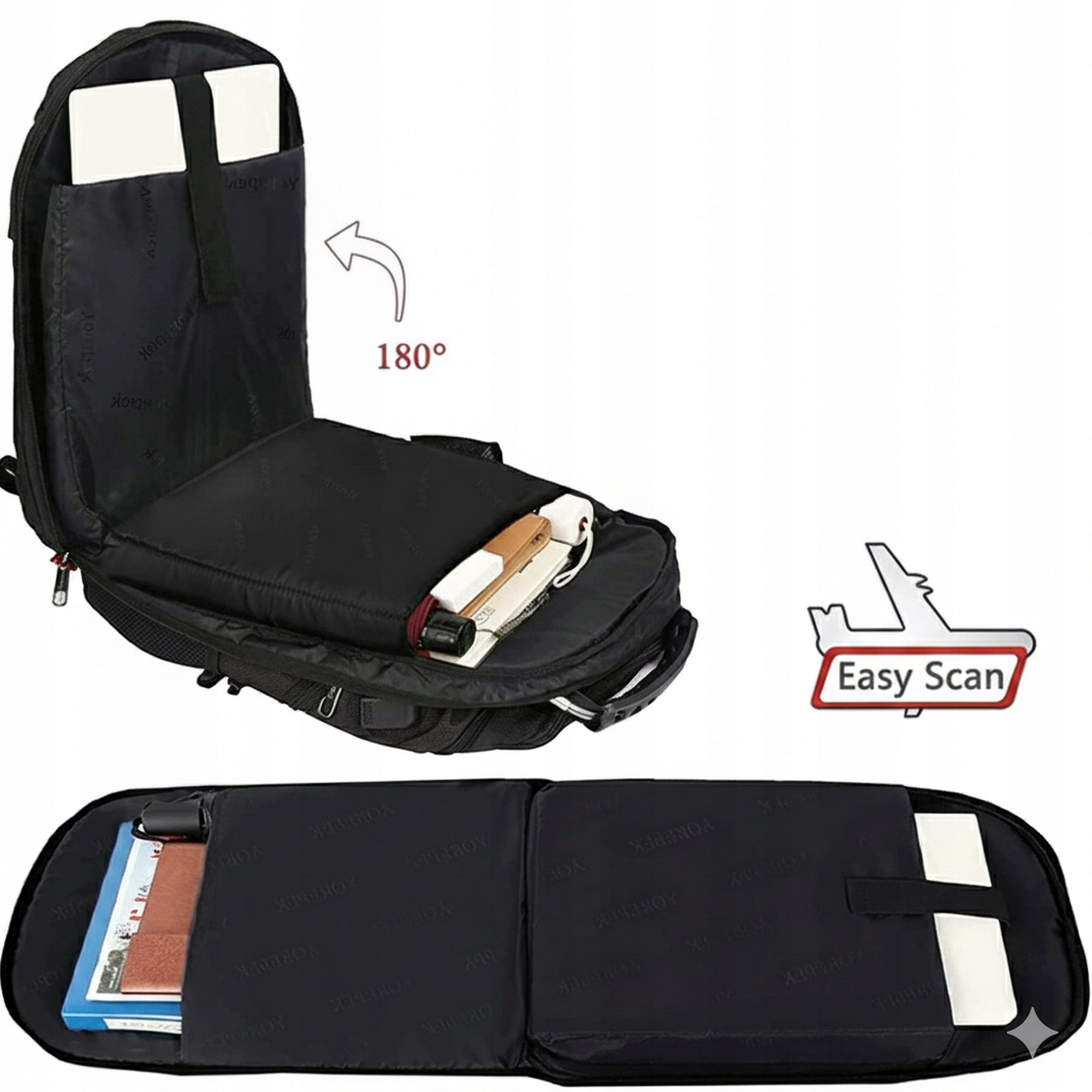 Matein, rucsac poliester cu port USB si compartiment laptop 17,3" Model 1008, negru/turcoaz, 35L
