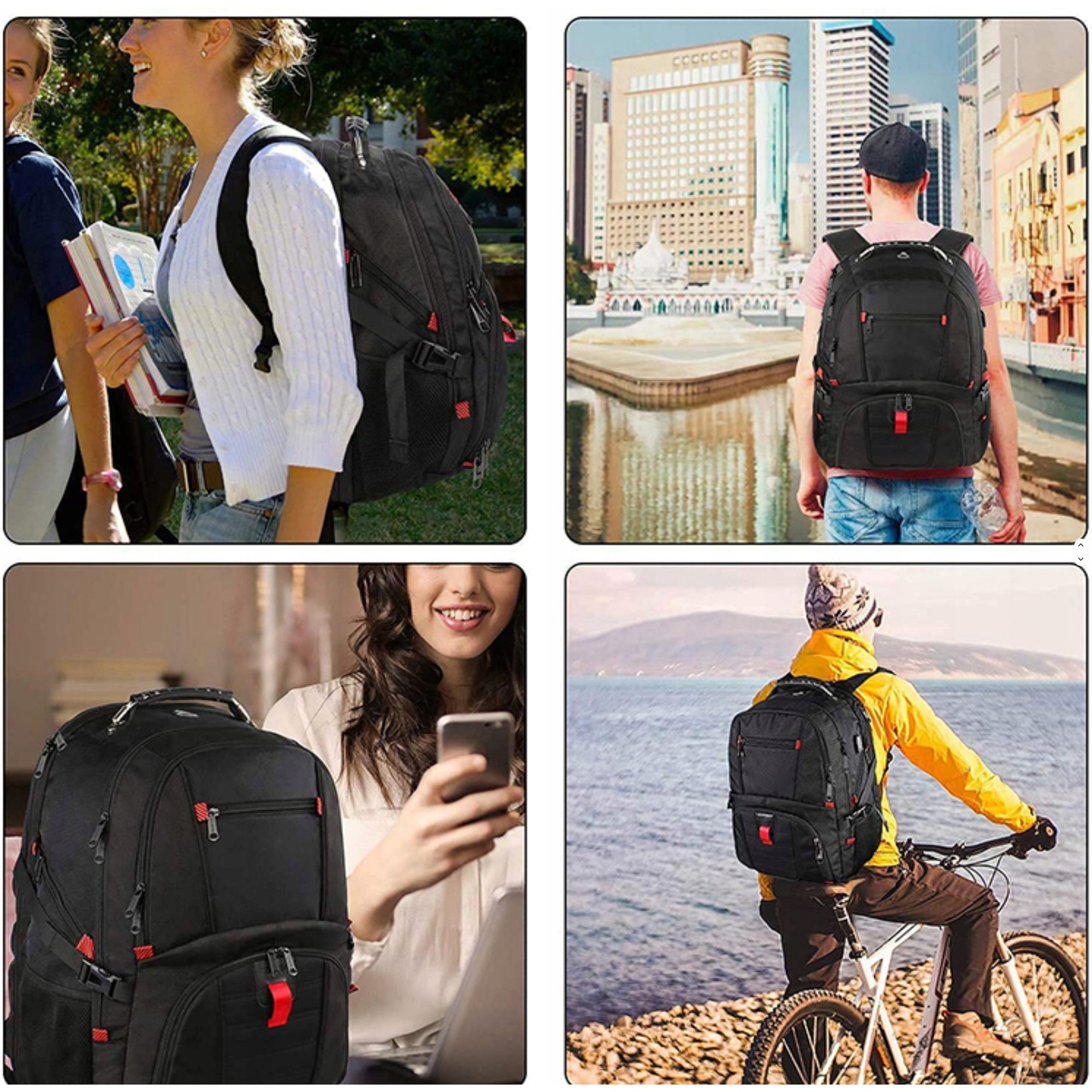 Matein, rucsac poliester cu port USB si compartiment laptop 17,3" Model 1008, negru/turcoaz, 35L