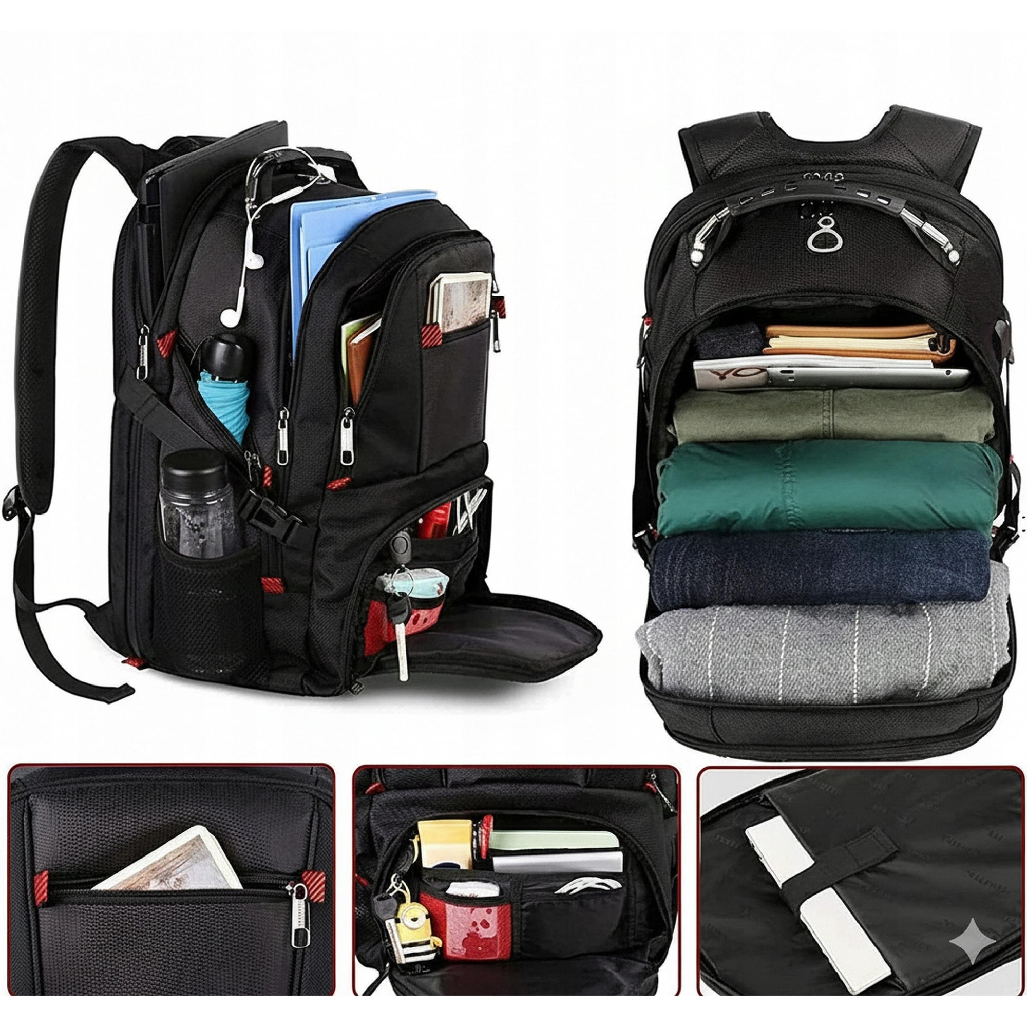 Matein, rucsac poliester cu port USB si compartiment laptop 17,3" Model 1008, negru/turcoaz, 35L