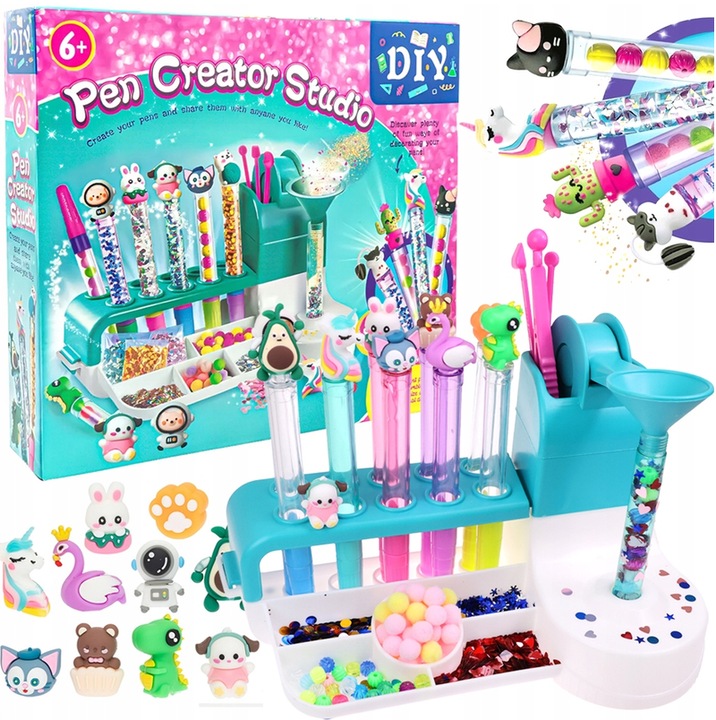 Set Creativ Fabrica de Pixuri pentru Copii ABC BetterToys®, Kit DIY Pen Creator Studio, Statie de Lucru, 10 Pixuri, 10 Rezerve Colorate, Sclipici, 32 Margele, 40 Pompoane, Decoratiuni, Cadou pentru Fetite si Baieti, 6 Ani+, Multicolor