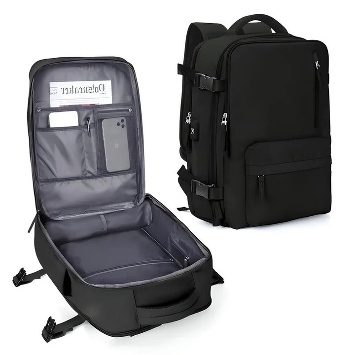 Rucsac pentru laptop 15.6 inch, port USB pentru incarcare, compartiment captusit, impermeabil, multiple compartimente, 45 x 31 x 15 cm, Oxford, Negru