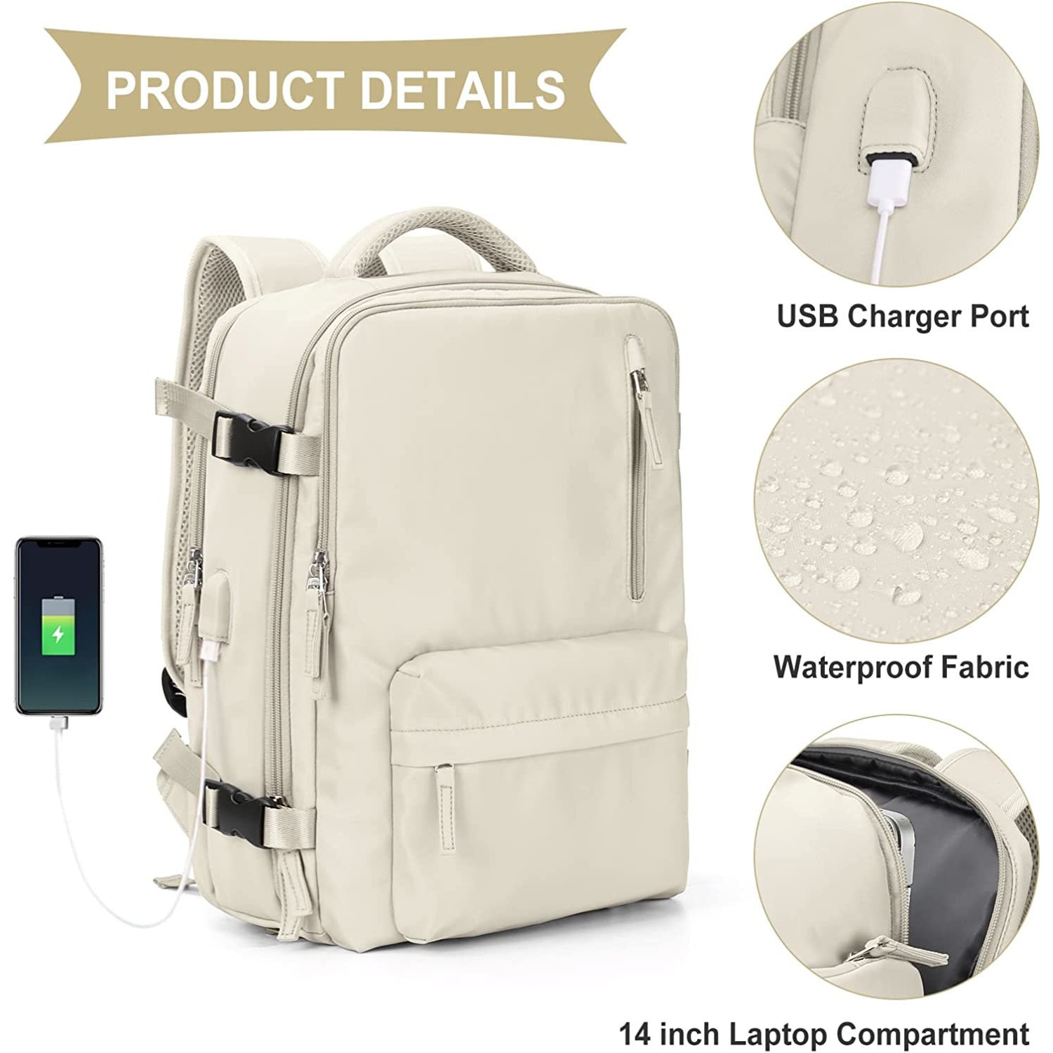 Rucsac pentru laptop 15.6 inch, port USB pentru incarcare, compartiment captusit, impermeabil, multiple compartimente, 45 x 31 x 15 cm, Oxford, Bej
