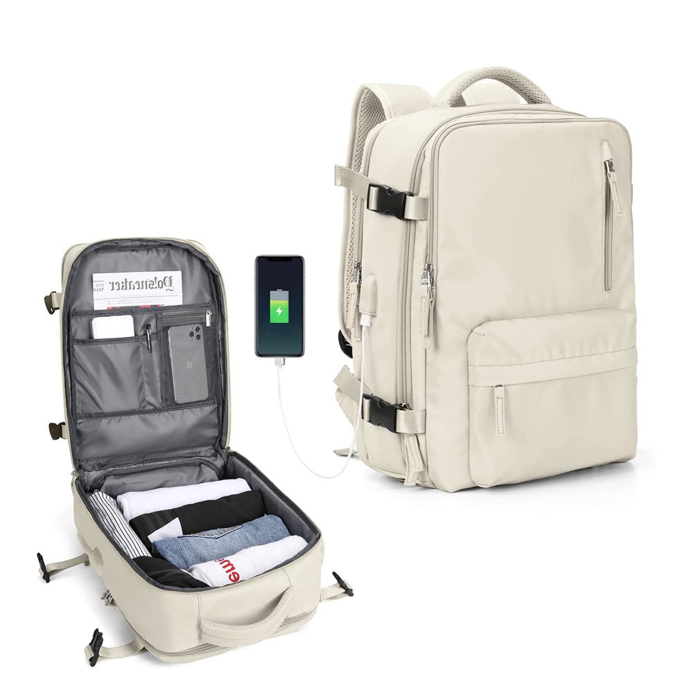 Rucsac pentru laptop 15.6 inch, port USB pentru incarcare, compartiment captusit, impermeabil, multiple compartimente, 45 x 31 x 15 cm, Oxford, Bej