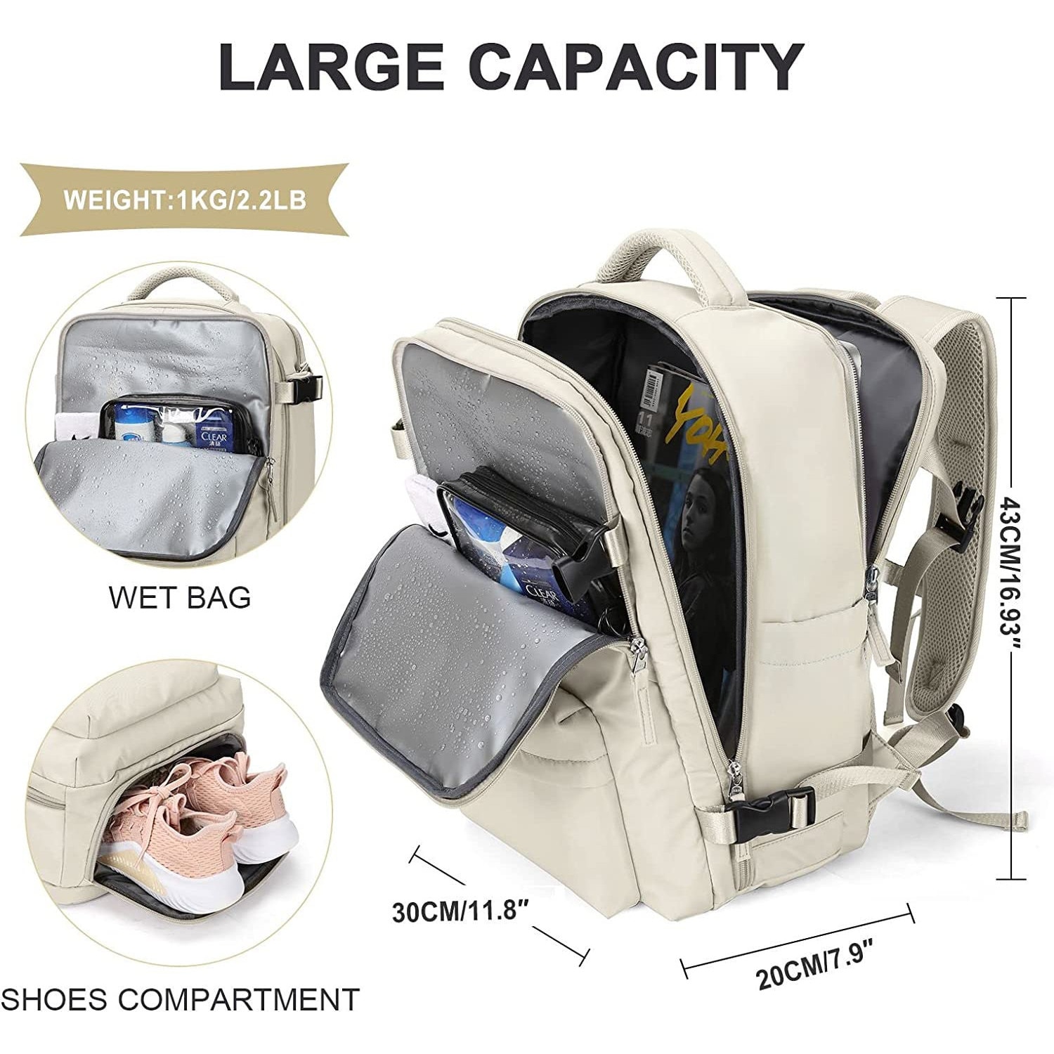 Rucsac pentru laptop 15.6 inch, port USB pentru incarcare, compartiment captusit, impermeabil, multiple compartimente, 45 x 31 x 15 cm, Oxford, Bej