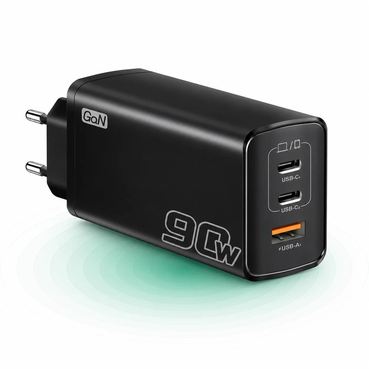 Зарядно за стена Timebox, Обща мощност 90W, Бързо зареждане, 2x USB-C + 1x USB-A, Power Delivery, QC3.0, 3 едновременни порта, Съвместимо с iPhone, Samsung, Xiaomi, Черно