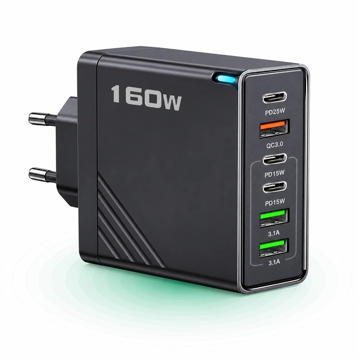 Зарядно устройство за мрежа Timebox, 160W обща мощност, Fast Charge, с 6 порта - 3 x Type-C PD и 3 x USB-A QC3.0, Едновременно бързо зареждане за телефон iPhone, Samsung, Huawei, Xiaomi, Таблет, Конзола, Универсална съвместимост, Компактен дизайн, Черно