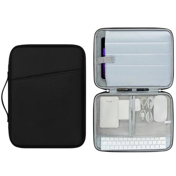 Husa laptop 13 inch, rezistenta la apa si socuri, cu buzunare accesorii, negru, 35x25x3cm
