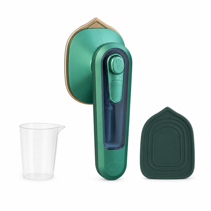 Mini fier de calcat portabil NOVABOX ZF688, cu abur, 30 W, 110–220 V, pahar gradat si capac de protectie din silicon, verde