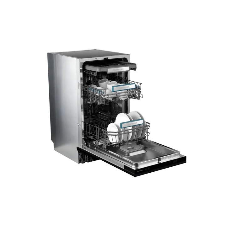 Masina de spalat vase incorporabila slim Schneider, 11 seturi, latime 45 cm, 3 brate de spalare, tehnologie Dual Inverter motor, 6 programe prestabilite ECO/Intensiv/Rapid/90 min/Igiena/Delicat, temperatura reglabila, iluminare interioara, inox