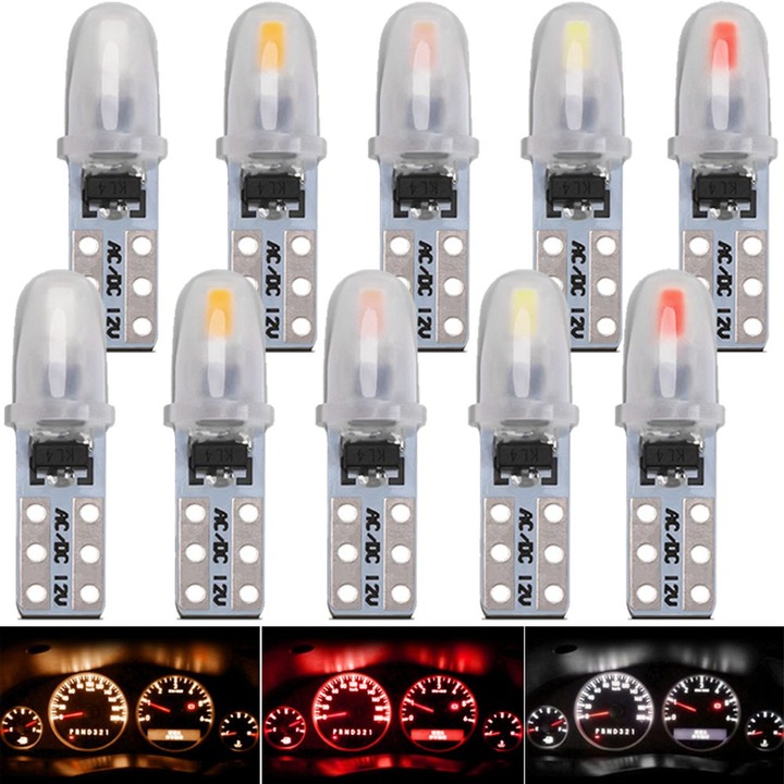 Set 10 Becuri LED T5 W3W W1.2W, alb rosu galben albastru, 12V, 60LM
