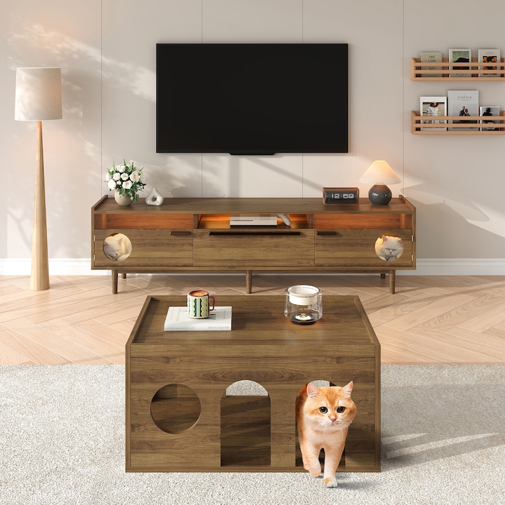 Dulap tv modern cu sertare 180x40x50 cm nuca din lemn cu usi din sticla temperat
