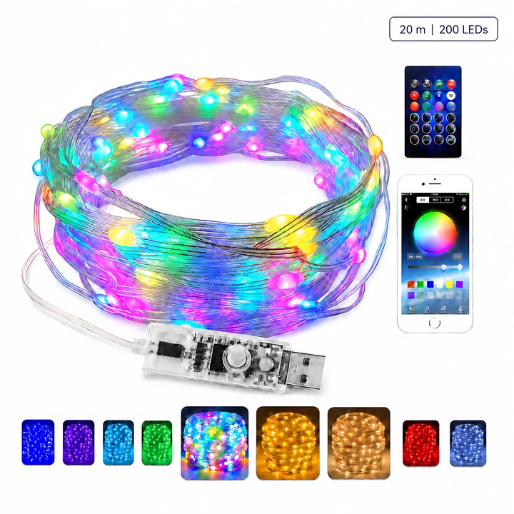 Instalatie LED RGB inteligenta 20m 200 LED-uri, lumini decorative cu aplicatie si telecomanda, sincronizare muzica, mod DIY, pentru casa, Craciun, Halloween, petreceri si decor interior