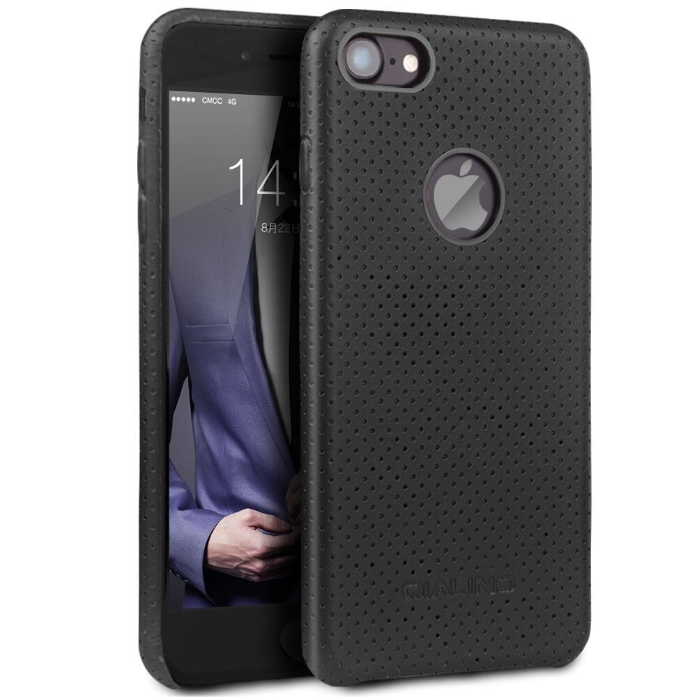 Husa dedicata iPhone 8, Qialino Limousine, din piele naturala perforata, back cover, culoare Negru