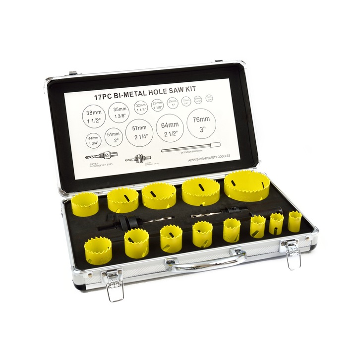 Set 17 carote bimetal pentru metal si lemn Geko G39999, 18-7 6mm, cutie din aluminiu