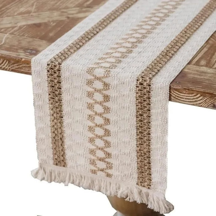 Asztali futó, 30x183cm, fehér és barna, 60% juta 40% pamut