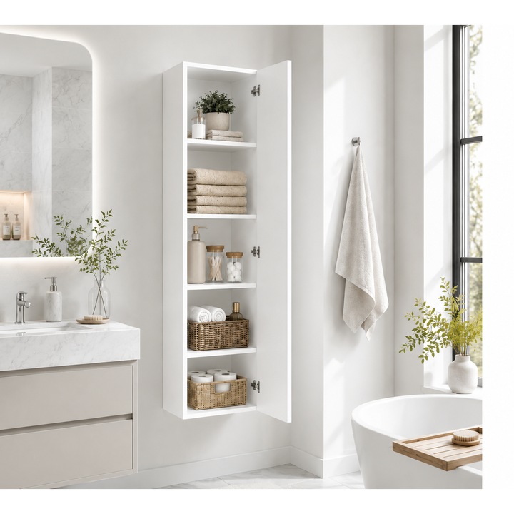 Dulap Suspendat Baie Premium, Tip Coloana, CMDesign, Gata Asamblat, Design Minimalist si Util, 1 Usa, 4 Rafturi, Culoare Alb, Dimensiuni 30 x 30 x 130 cm