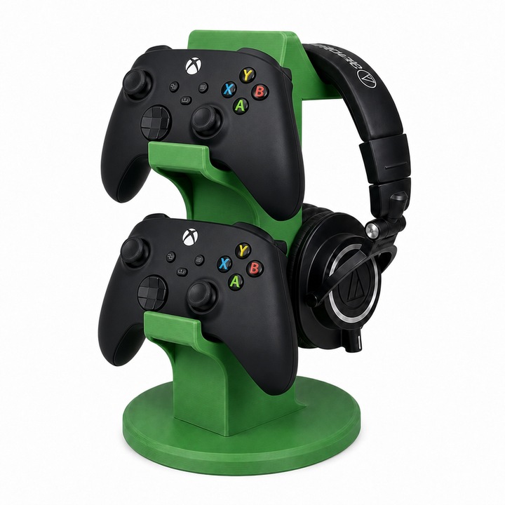 XBOX Dual kontroller és Velkor fejhallgató tartó, PrintForge®, 3D nyomtatott, 15x15x26 cm, PLA-ból készült, BPA-mentes, Zöld