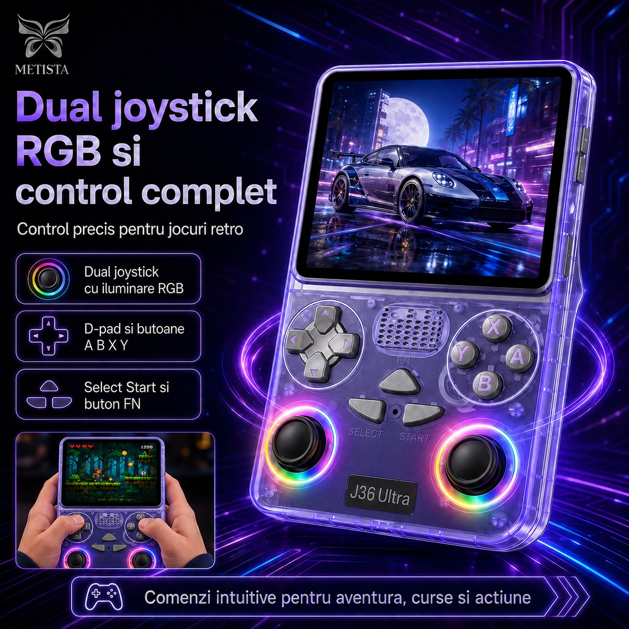 Consola Retro Portabila METISTA® J36 Ultra, 128GB, Pana la 20.000 Jocuri, Ecran IPS 3.5 inch 640x480, Procesor Octa-Core ARM Cortex-A7, Wi-Fi, Multiplayer, Dual Joystick RGB, Baterie 3000mAh, Violet